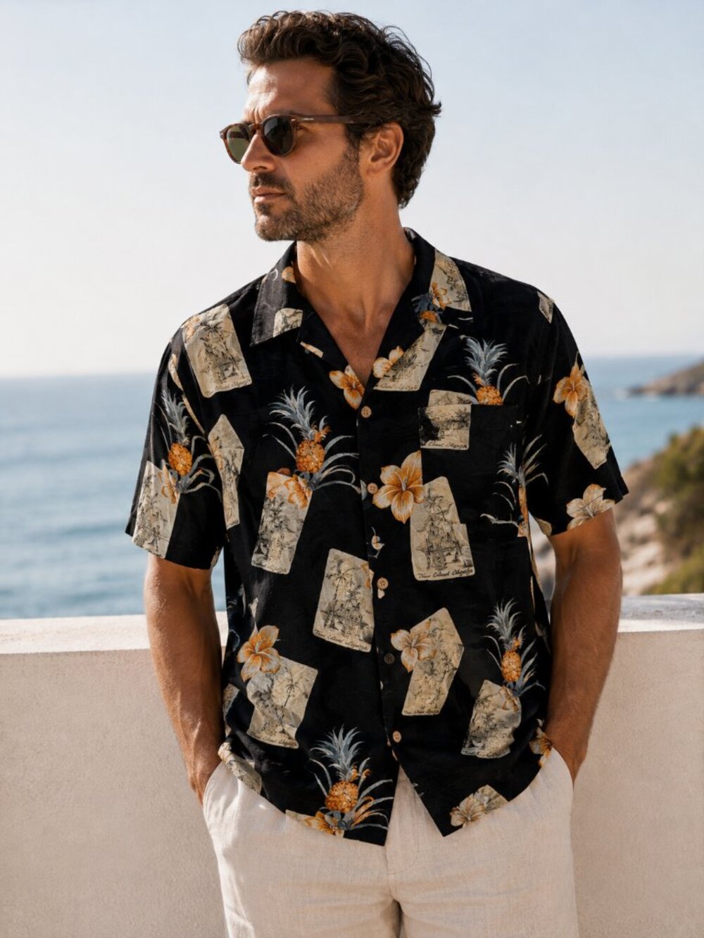 Vintage Jamaica Jaxx 100% Silk Hawaiian Aloha Camp Shirt Black Pineapple Floral